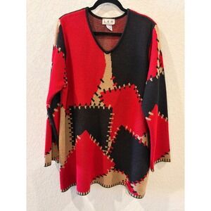 Lea Apparel Vintage Patchwork Knit Sweater Red Black Tan V-Neck XXL Women